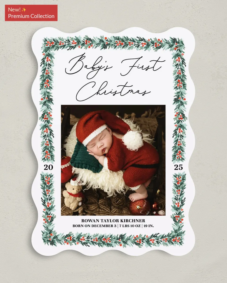 This is a 5" x 7" Christmas Card called Holiday Baby printed in full color with Gold foil on Premium Smooth paper