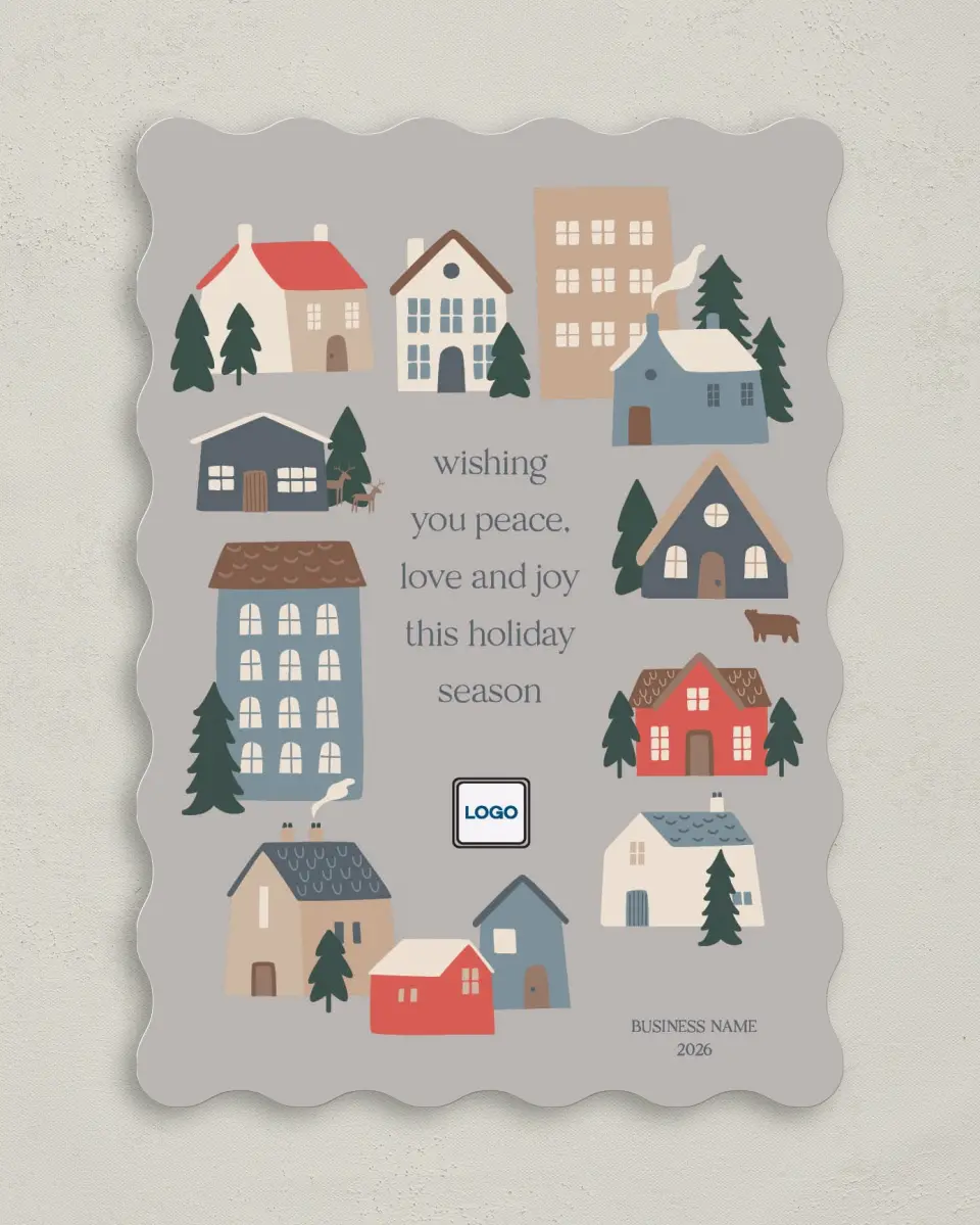This is a 5" x 7" Christmas Card called Glorious Homes printed in full color with Rose Gold foil on Soft Suede (coated) paper
