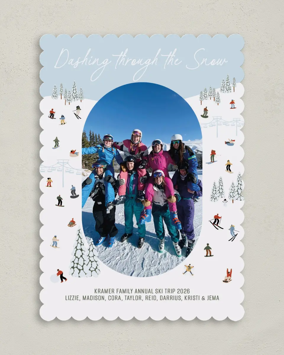 This is a 5" x 7" Christmas Card called Dashing through the Snow printed in full color on Premium Smooth paper on Premium Smooth paper on Premium Smooth paper