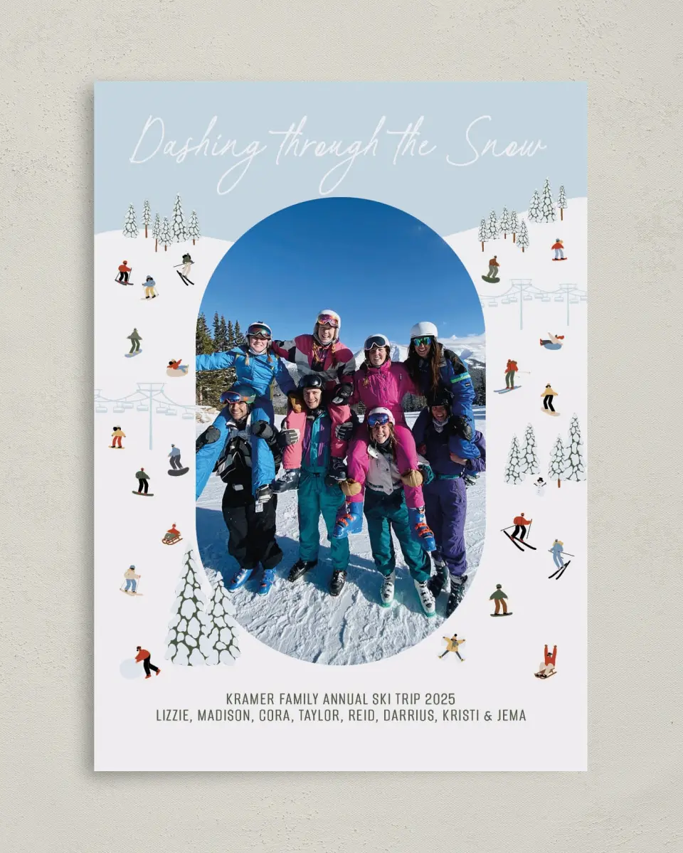 This is a 5" x 7" Christmas Card called Dashing through the Snow printed in full color with Silver foil on Soft Suede (coated) paper