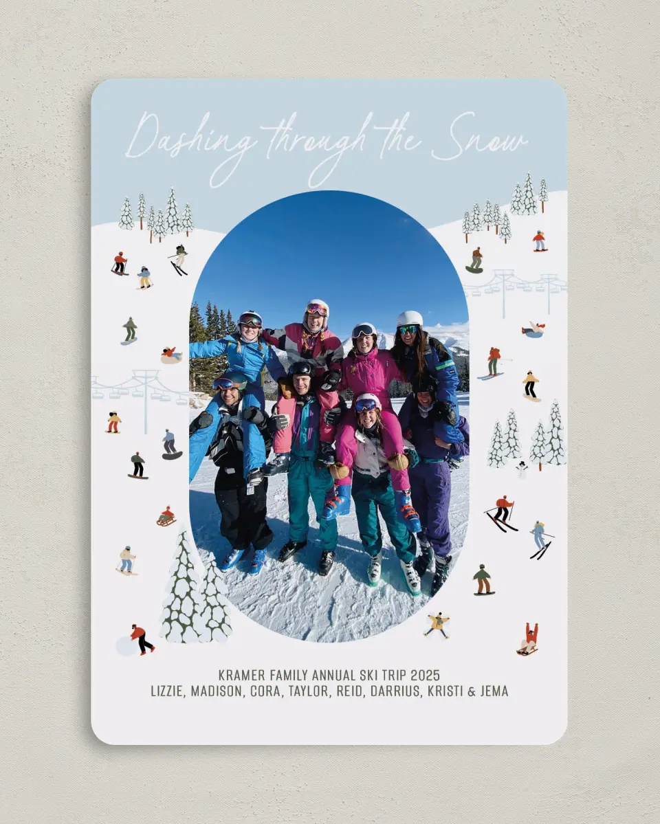 This is a 5" x 7" Christmas Card called Dashing through the Snow printed in full color on Premium Smooth paper