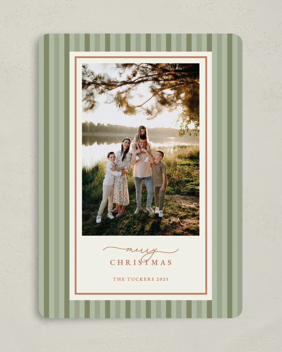 This is a 5" x 7" Christmas Card called Merry Stripes printed in full color on Premium Smooth paper