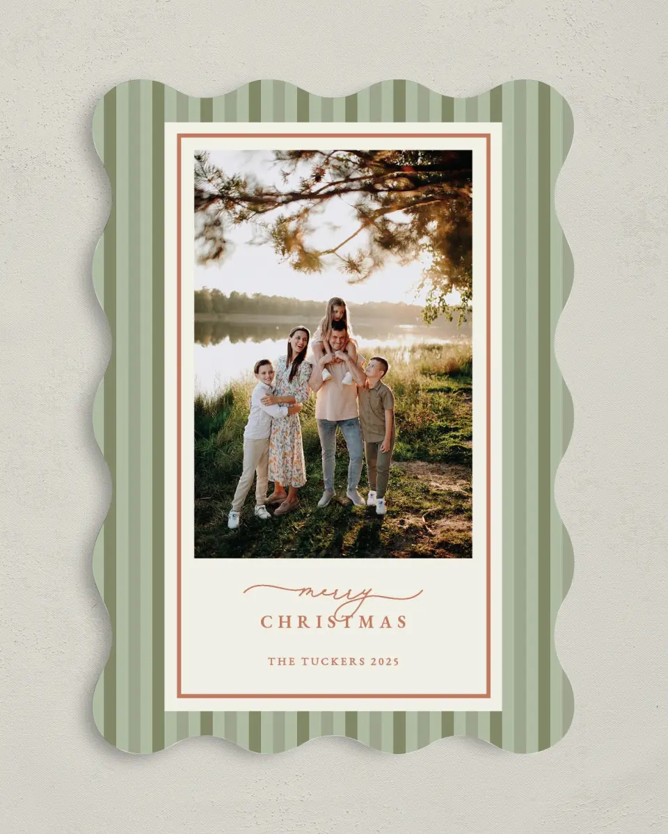 This is a 5" x 7" Christmas Card called Merry Stripes printed in full color with Rose Gold foil on Soft Suede (coated) paper