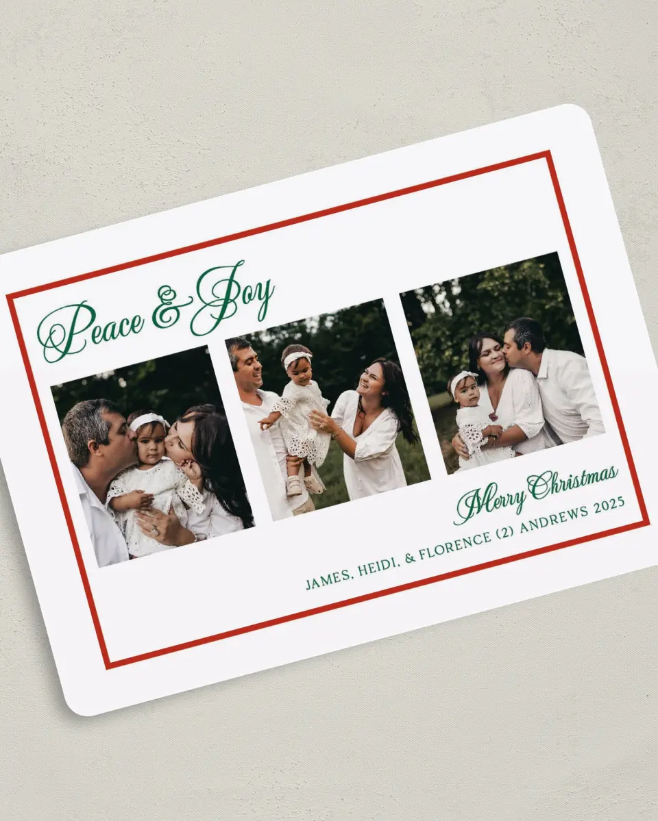 This is a 5" x 7" Christmas Card called Framed Joy printed in full color on Premium Smooth paper