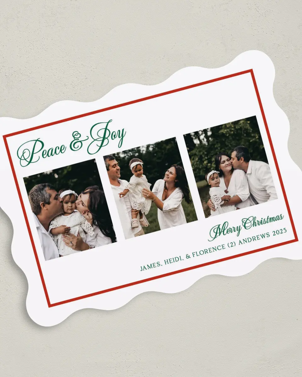 This is a 5" x 7" Christmas Card called Framed Joy printed in full color on Premium Smooth paper