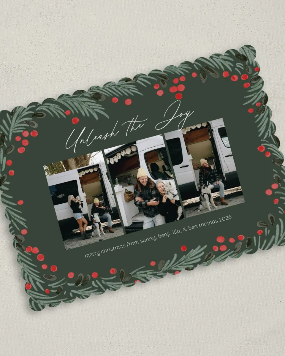 This is a 5" x 7" Christmas Card called Unleash the Joy printed in full color on Premium Smooth paper on Premium Smooth paper on Premium Smooth paper