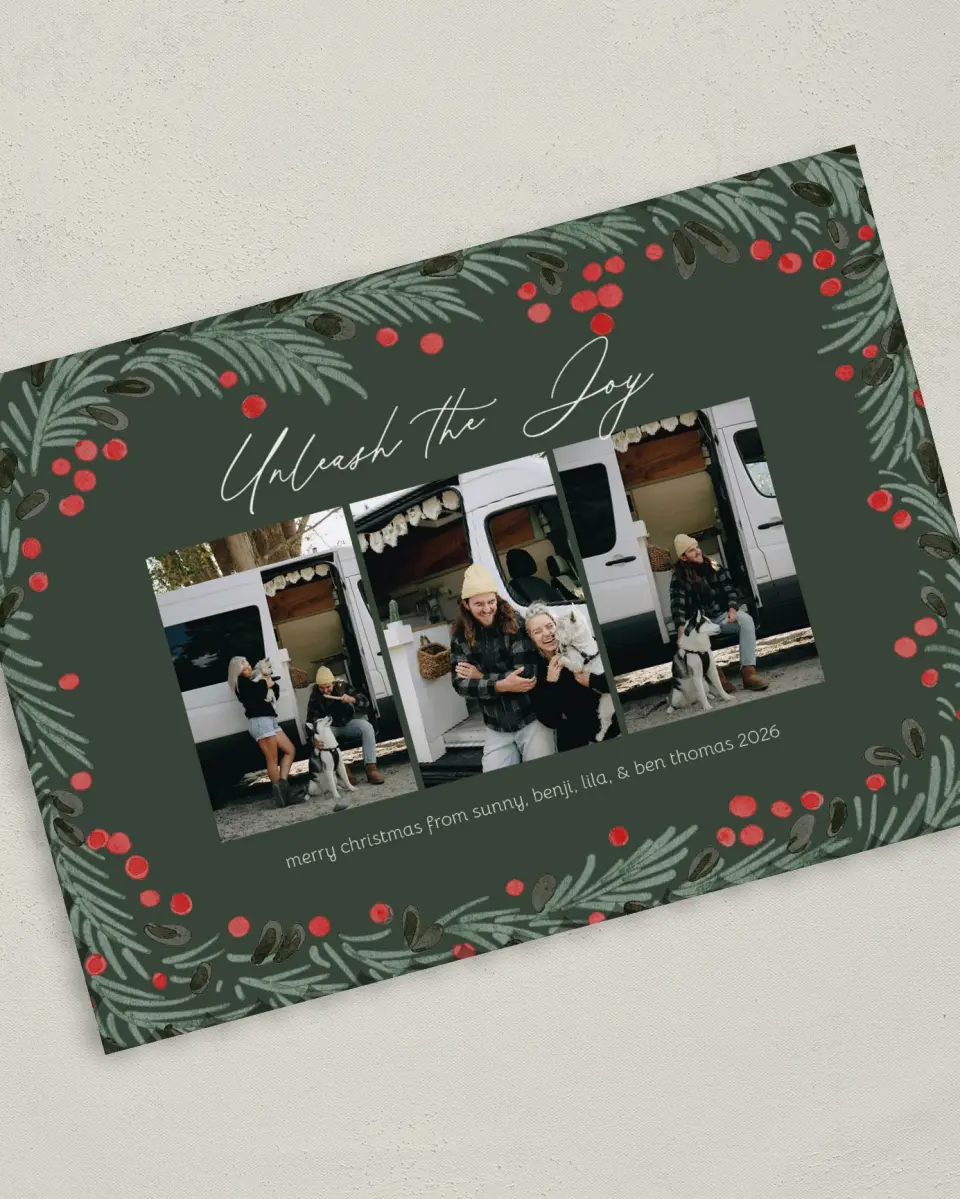 This is a 5" x 7" Christmas Card called Unleash the Joy printed in full color on Premium Smooth paper on Premium Smooth paper on Premium Smooth paper