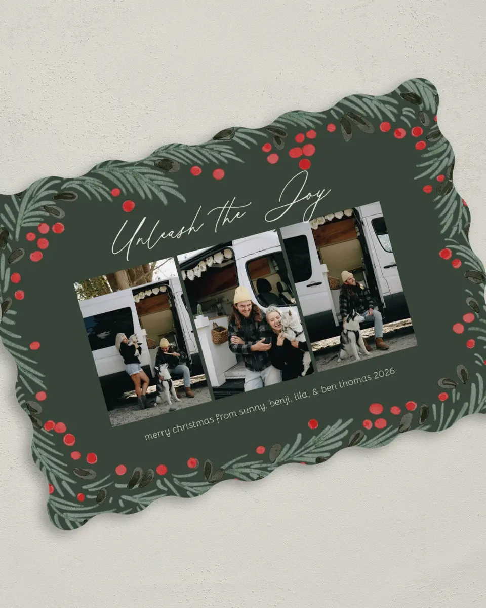 This is a 5" x 7" Christmas Card called Unleash the Joy printed in full color on Premium Smooth paper