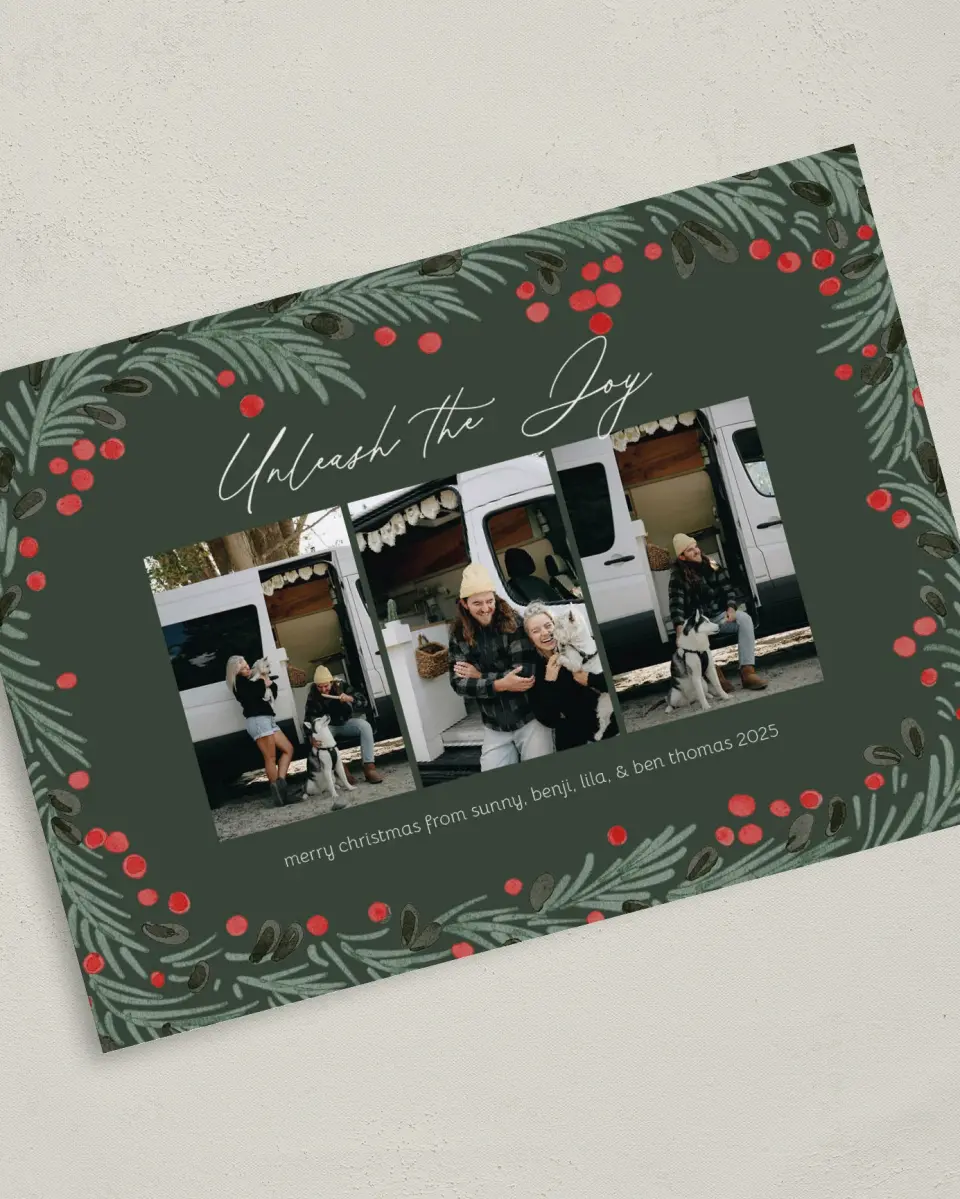 This is a 5" x 7" Christmas Card called Unleash the Joy printed in full color on Premium Smooth paper