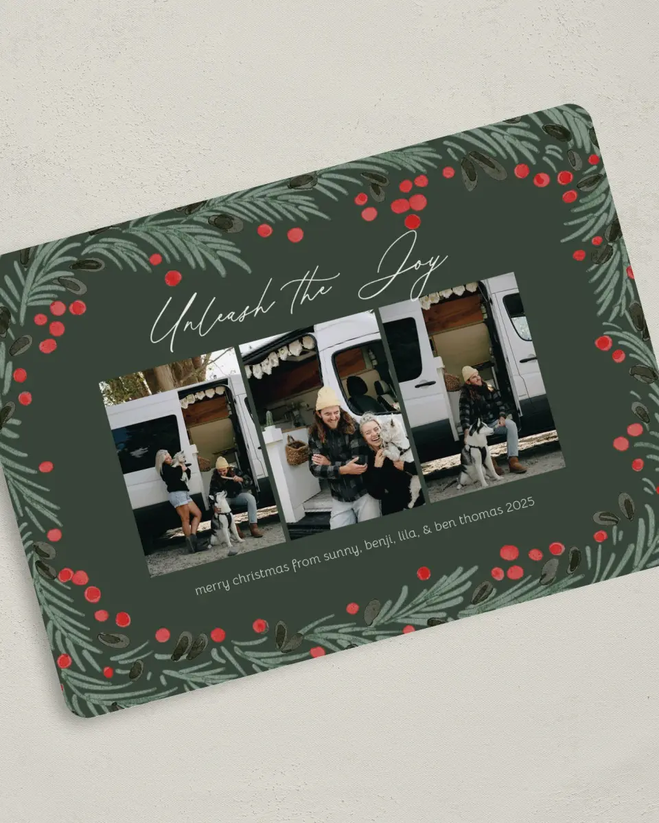 This is a 5" x 7" Christmas Card called Unleash the Joy printed in full color on Premium Smooth paper