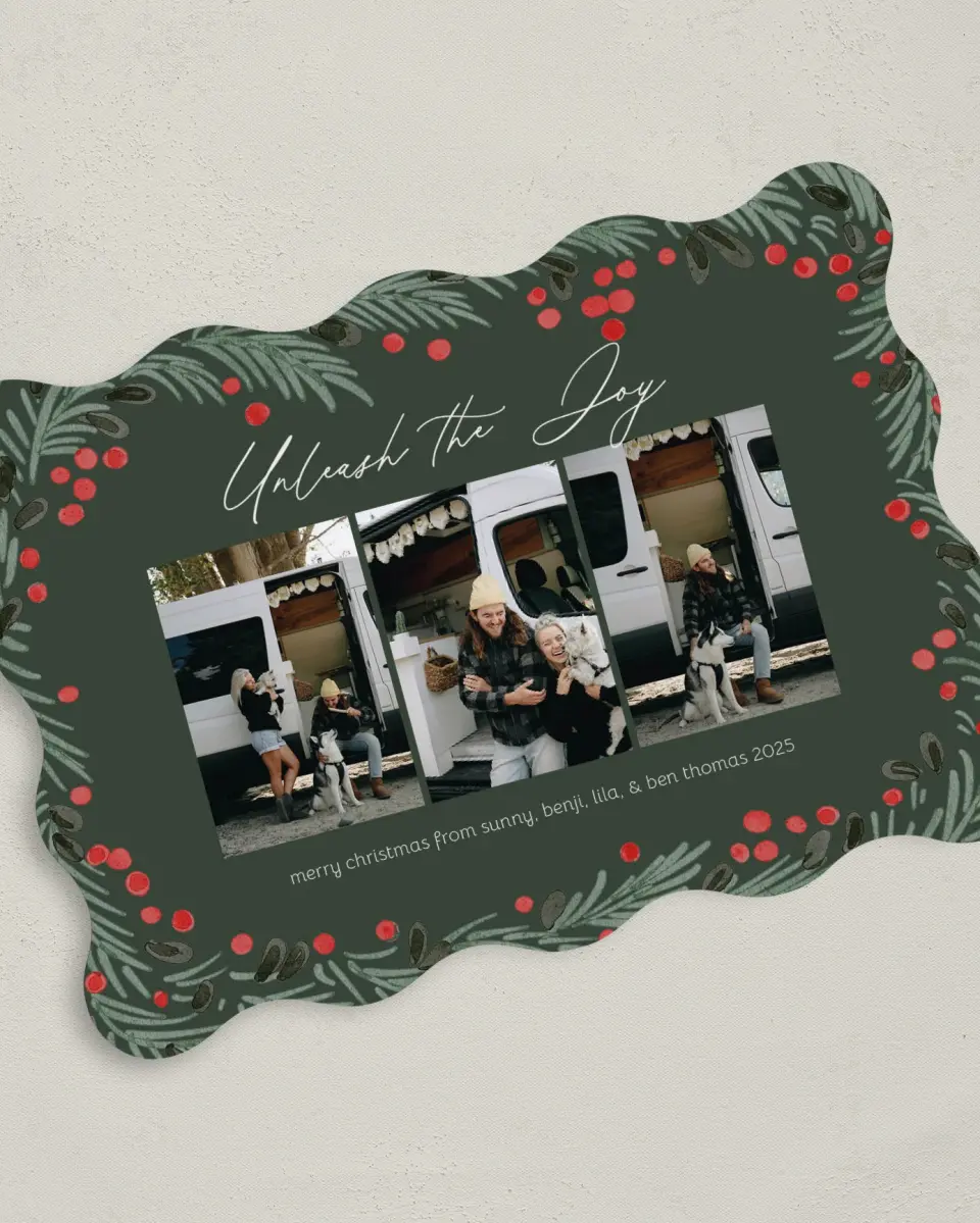 This is a 5" x 7" Christmas Card called Unleash the Joy printed in full color on Premium Smooth paper