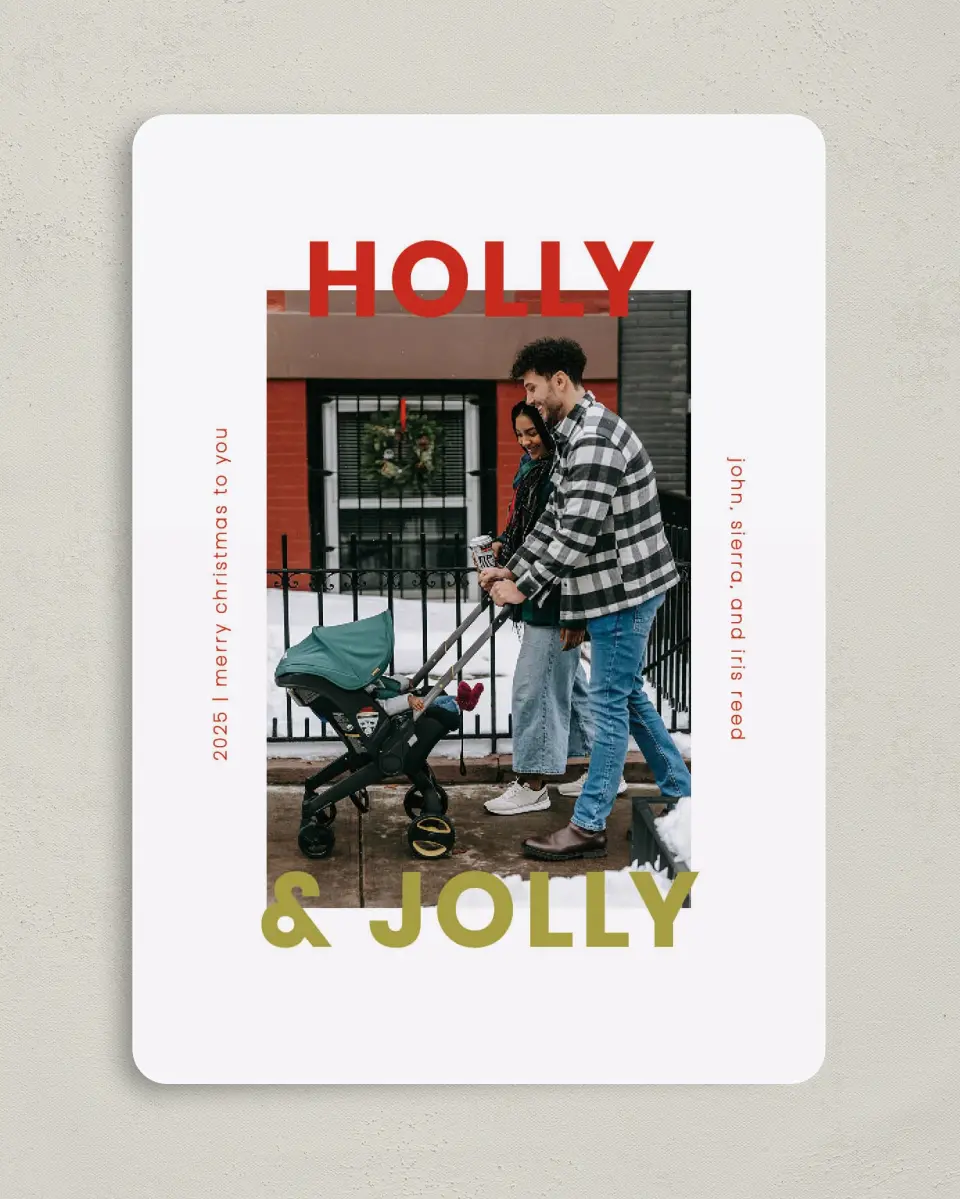 This is a 5" x 7" Christmas Card called Jolly Joy printed in full color on Premium Smooth paper