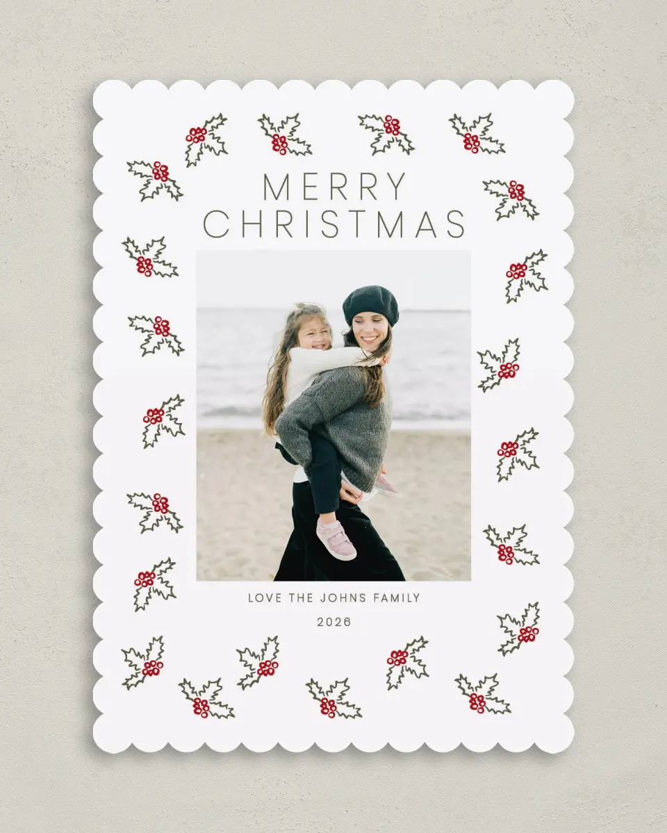 This is a 5" x 7" Christmas Card called Ivy Hug printed in full color on Premium Smooth paper on Premium Smooth paper on Premium Smooth paper