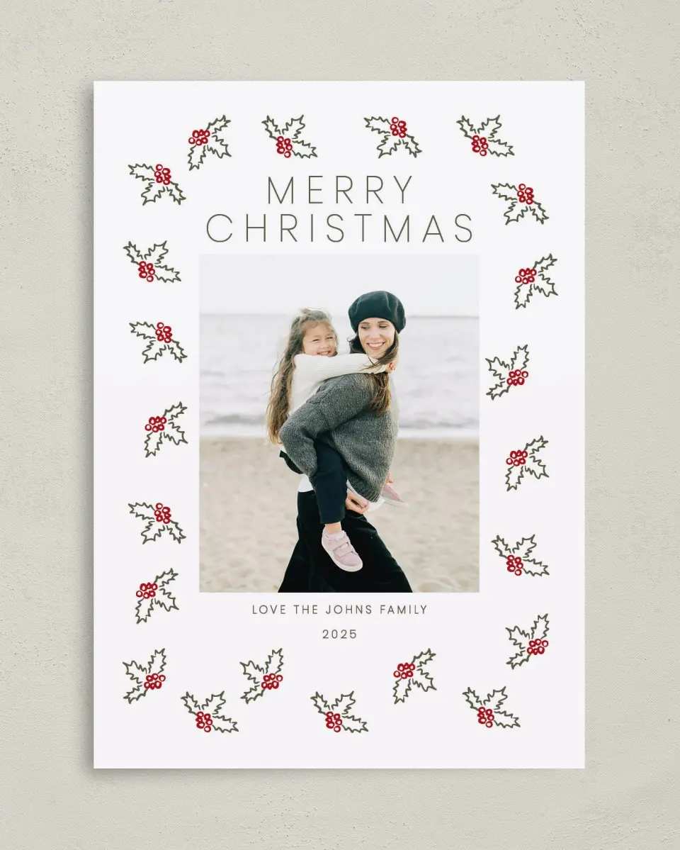 This is a 5" x 7" Christmas Card called Ivy Hug printed in full color on Premium Smooth paper