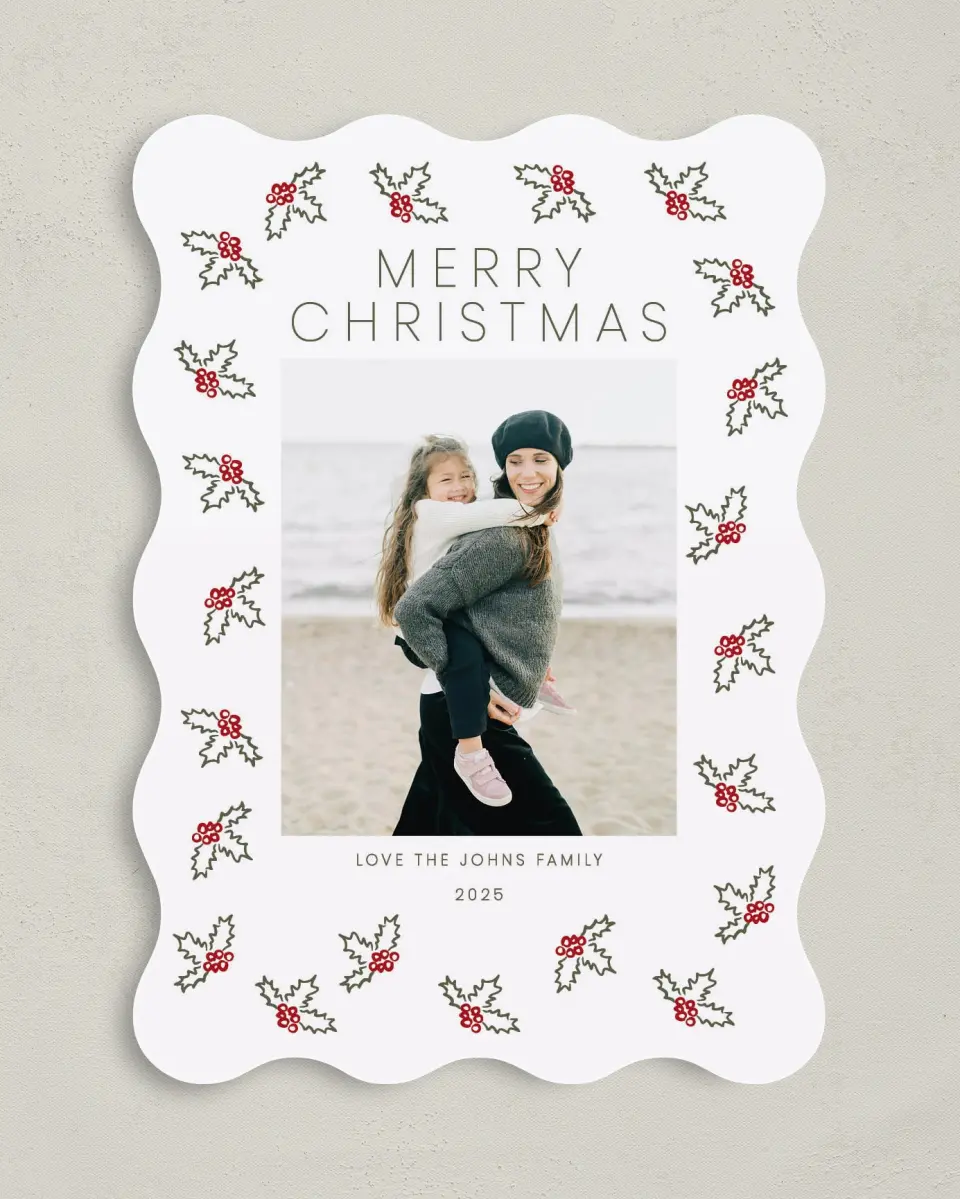 This is a 5" x 7" Christmas Card called Ivy Hug printed in full color on Premium Smooth paper