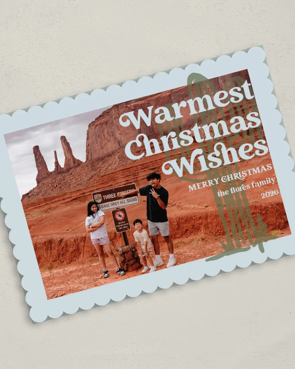 This is a 5" x 7" Christmas Card called Desert Holiday printed in full color on Premium Smooth paper on Premium Smooth paper on Premium Smooth paper