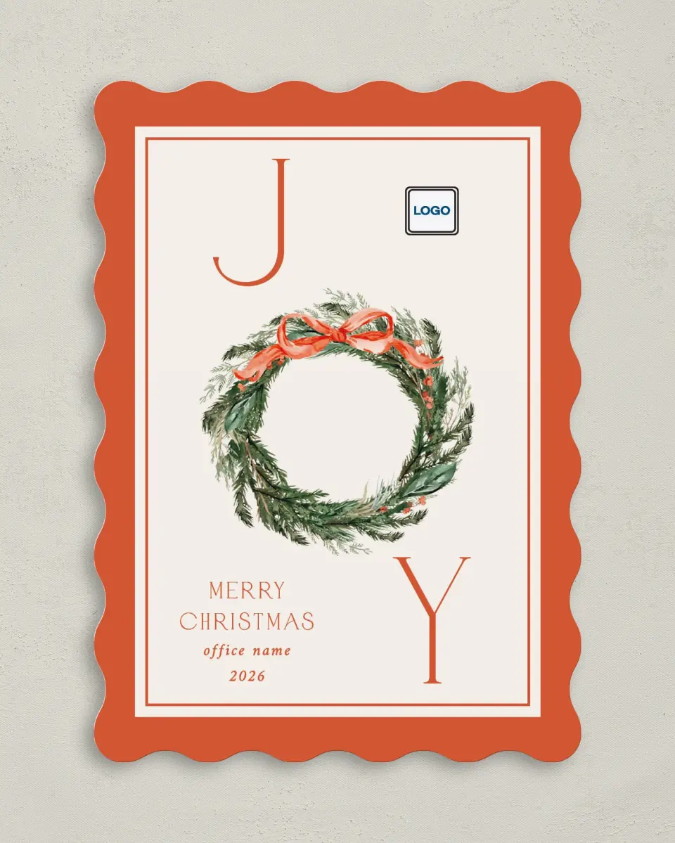 This is a 5" x 7" Christmas Card called Merry Wreath printed in full color with Rose Gold foil on Soft Suede (coated) paper