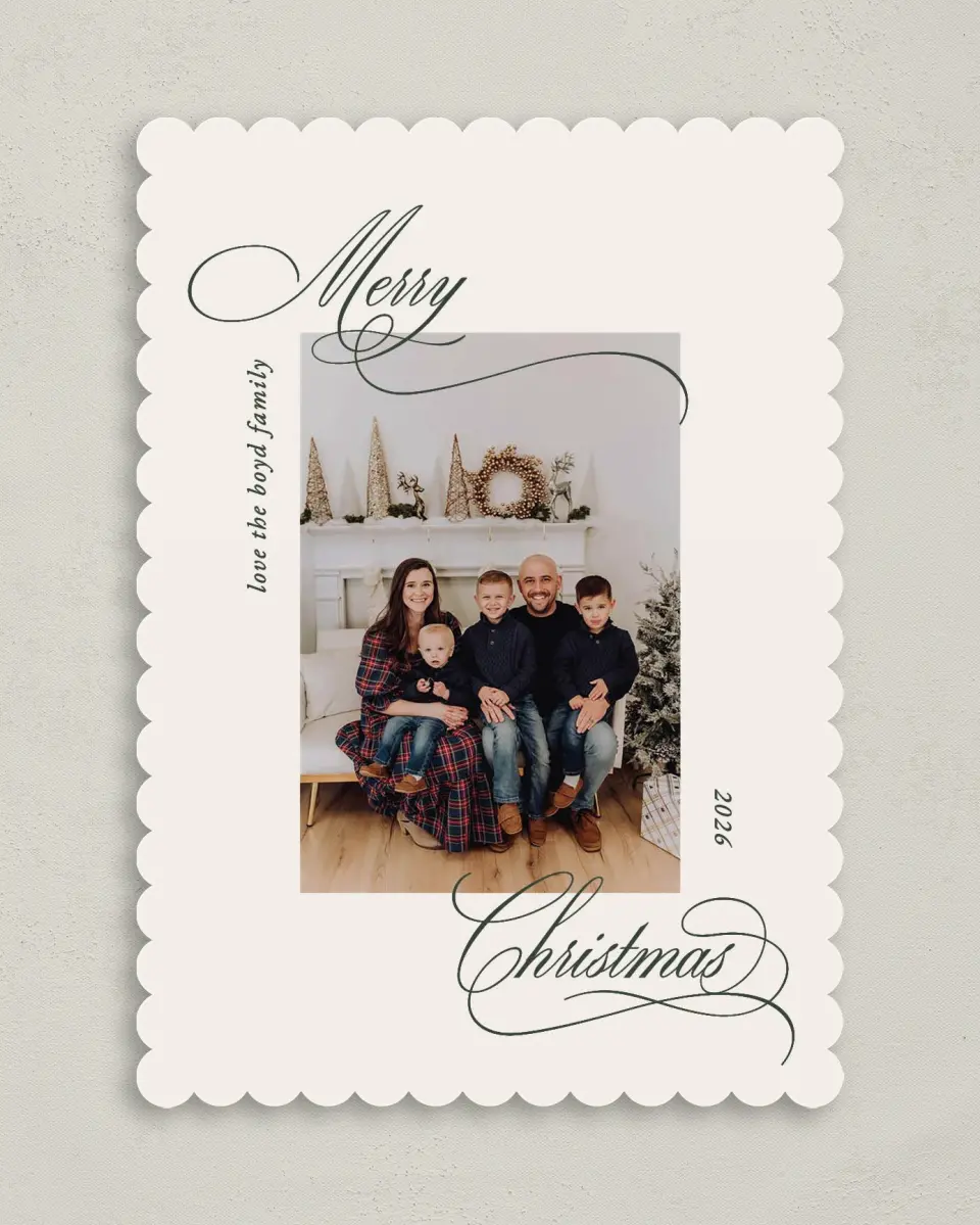 This is a 5" x 7" Christmas Card called Script Christmas printed in full color on Premium Smooth paper on Premium Smooth paper on Premium Smooth paper
