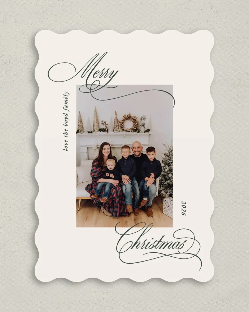 This is a 5" x 7" Christmas Card called Script Christmas printed in full color on Premium Smooth paper