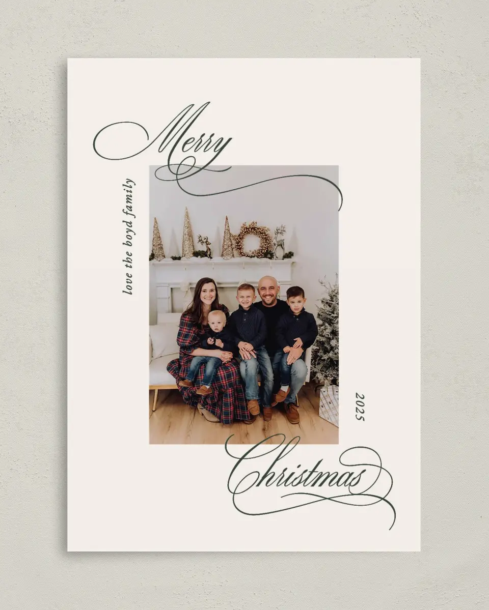 This is a 5" x 7" Christmas Card called Script Christmas printed in full color on Premium Smooth paper
