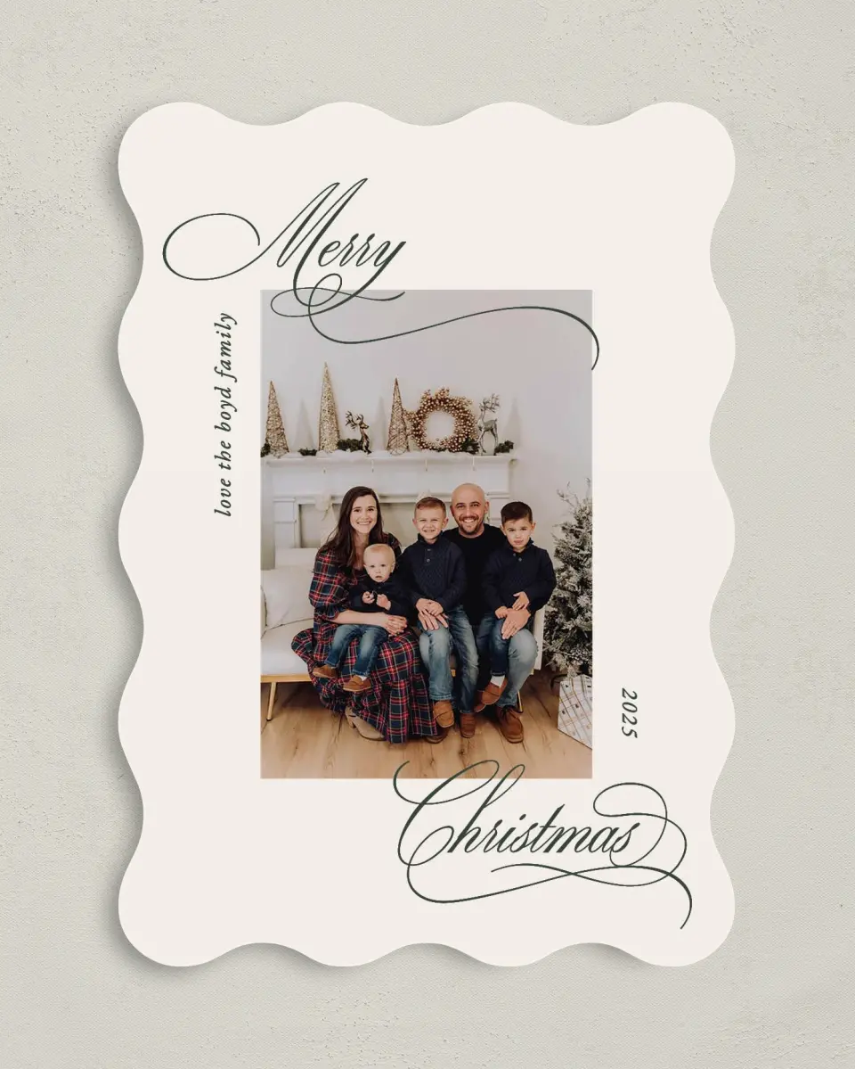 This is a 5" x 7" Christmas Card called Script Christmas printed in full color on Premium Smooth paper
