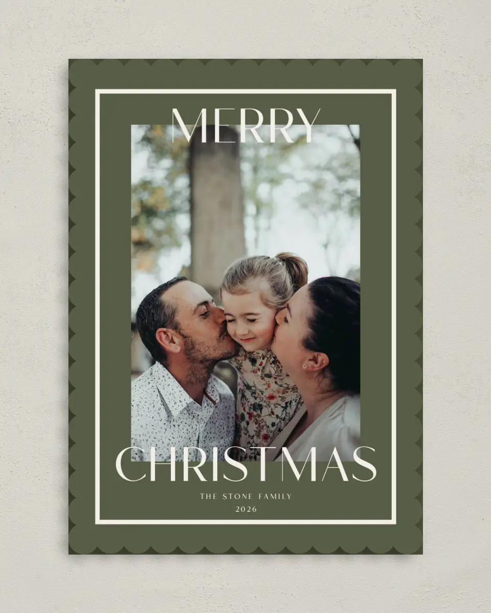 This is a 5" x 7" Christmas Card called Framed Cheer printed in full color on Premium Smooth paper on Premium Smooth paper on Premium Smooth paper