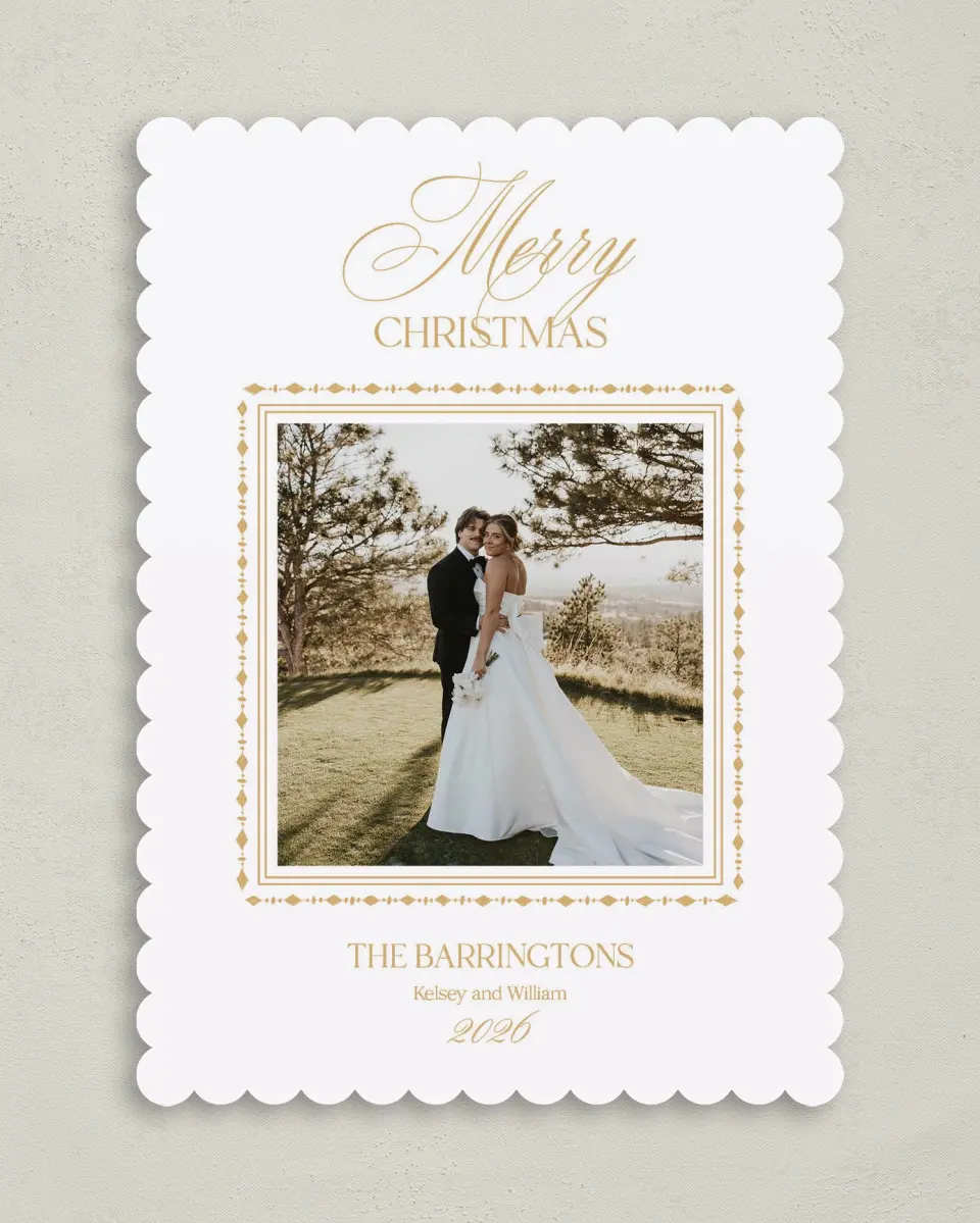 This is a 5" x 7" Christmas Card called Golden Greetings printed in full color with Gold foil on Premium Smooth paper on Premium Smooth paper on Premium Smooth paper