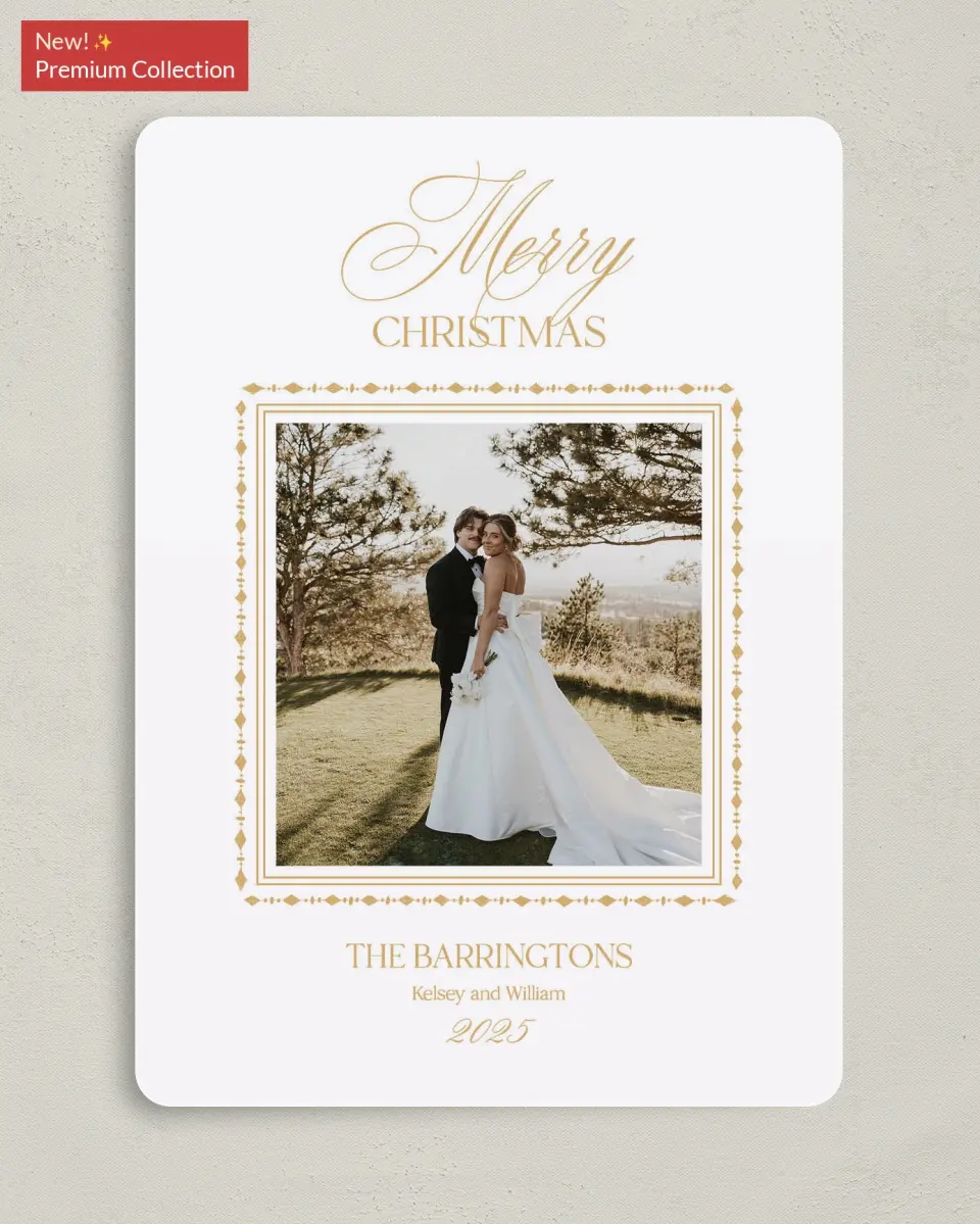 This is a 5" x 7" Christmas Card called Golden Greetings printed in full color with Gold foil on Premium Smooth paper