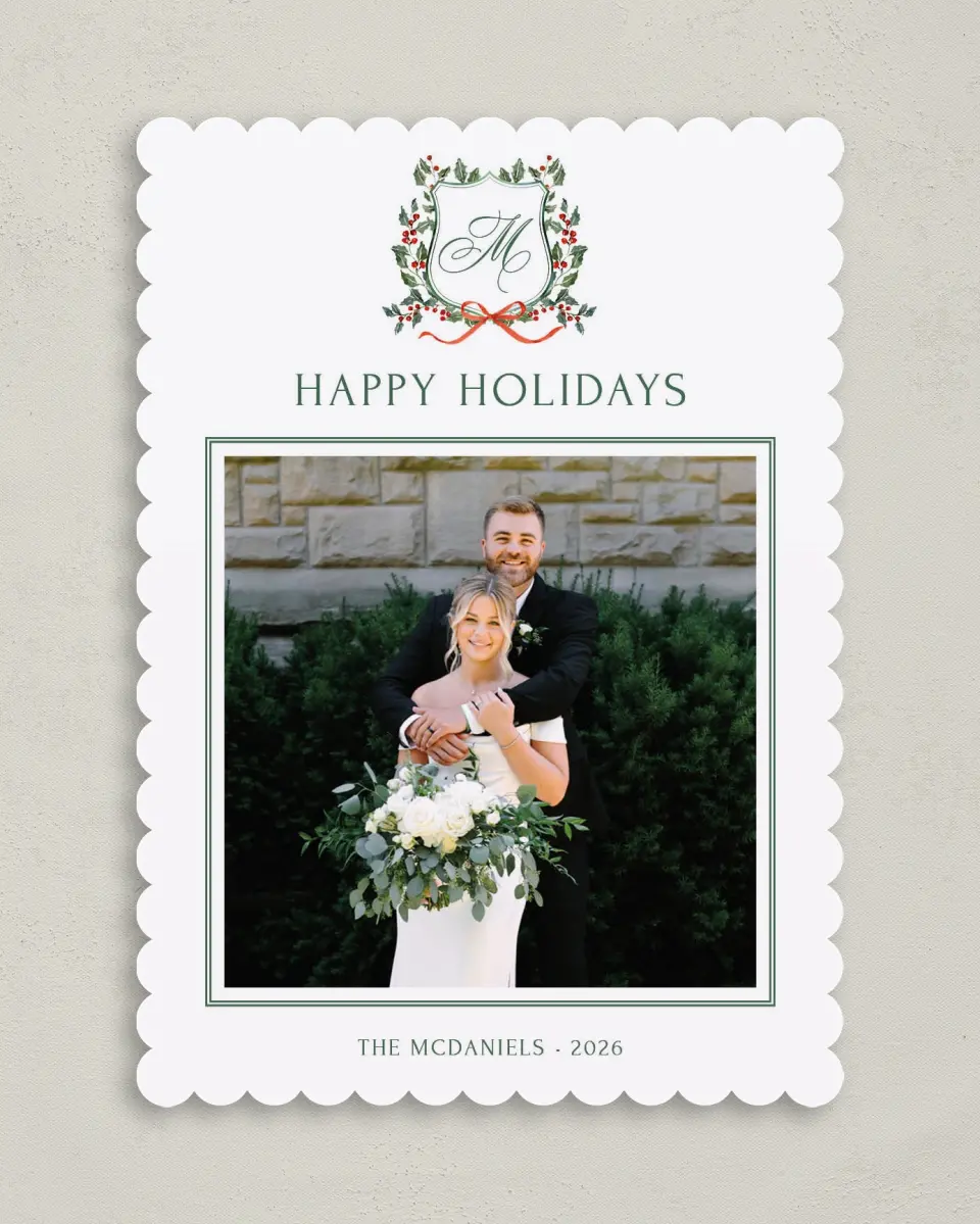 This is a 5" x 7" Christmas Card called Newlywed Crest printed in full color with Gold foil on Premium Smooth paper on Premium Smooth paper on Premium Smooth paper
