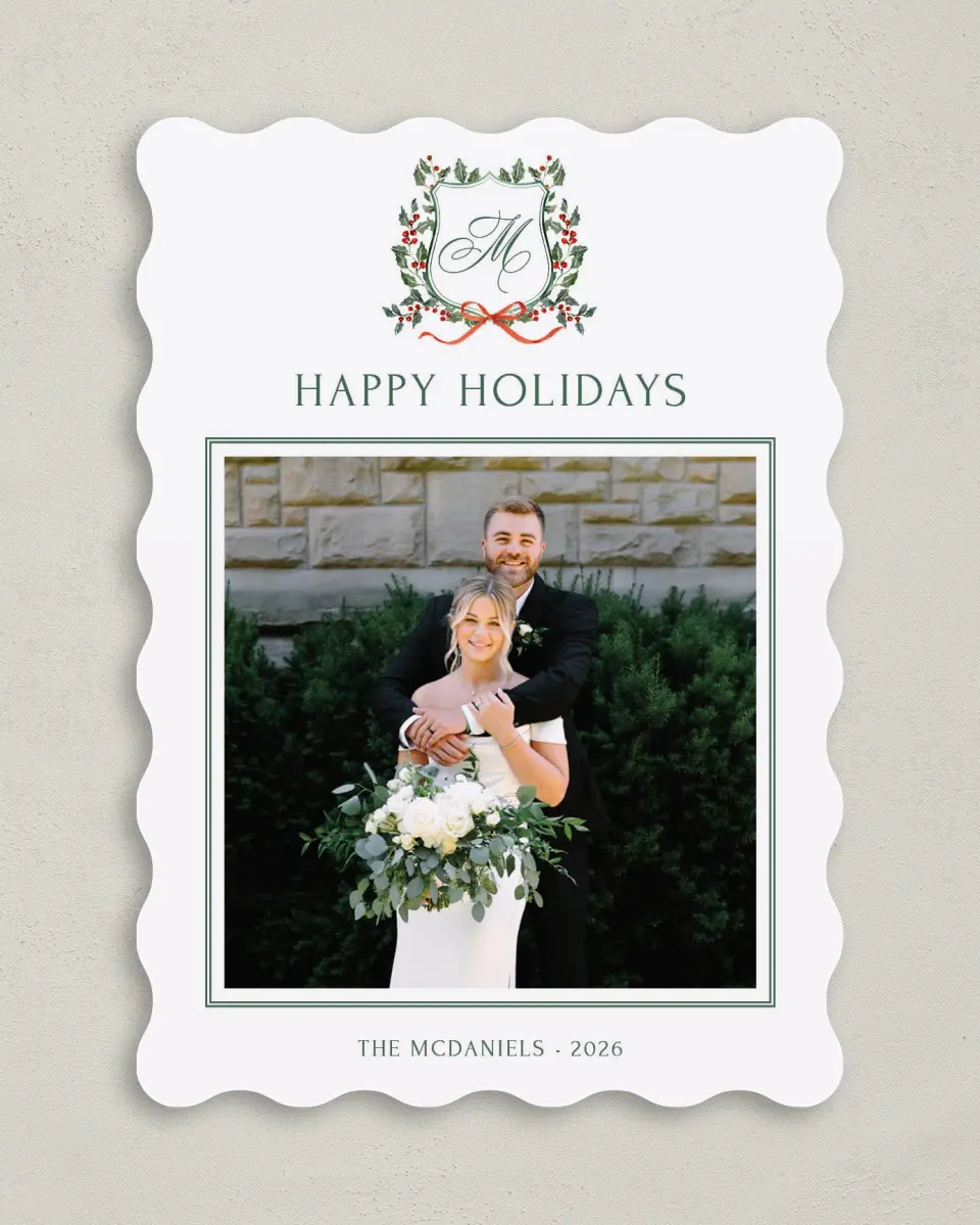 This is a 5" x 7" Christmas Card called Newlywed Crest printed in full color with Gold foil on Premium Smooth paper