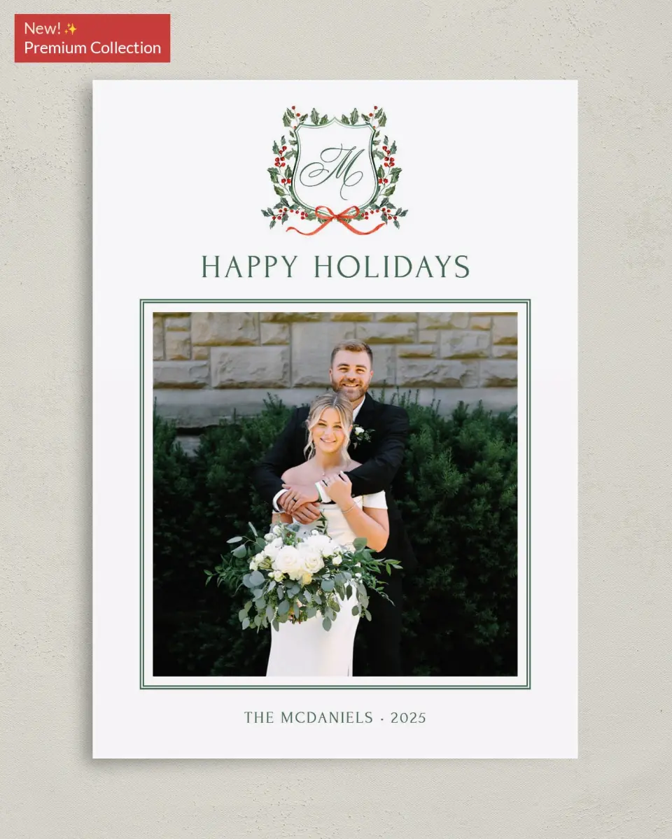 This is a 5" x 7" Christmas Card called Newlywed Crest printed in full color with Gold foil on Premium Smooth paper