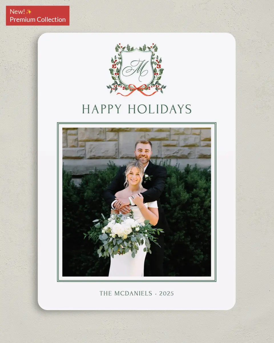 This is a 5" x 7" Christmas Card called Newlywed Crest printed in full color with Gold foil on Premium Smooth paper