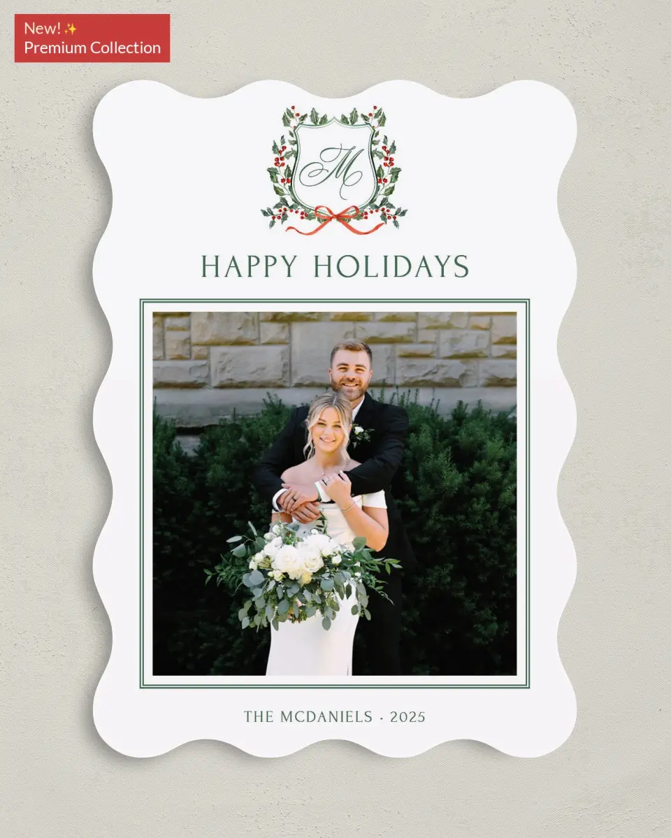 This is a 5" x 7" Christmas Card called Newlywed Crest printed in full color with Gold foil on Premium Smooth paper