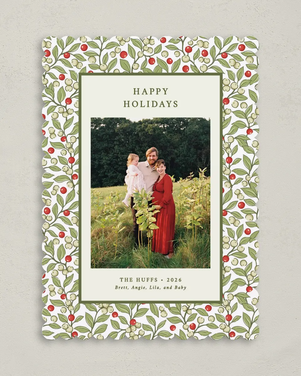 This is a 5" x 7" Christmas Card called Holiday Holly printed in full color on Premium Smooth paper on Premium Smooth paper on Premium Smooth paper