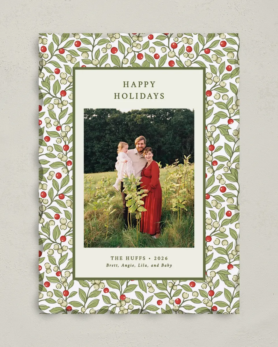 This is a 5" x 7" Christmas Card called Holiday Holly printed in full color on Premium Smooth paper