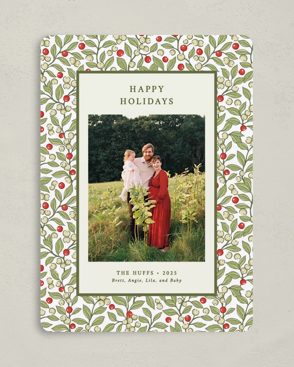 This is a 5" x 7" Christmas Card called Holiday Holly printed in full color on Premium Smooth paper