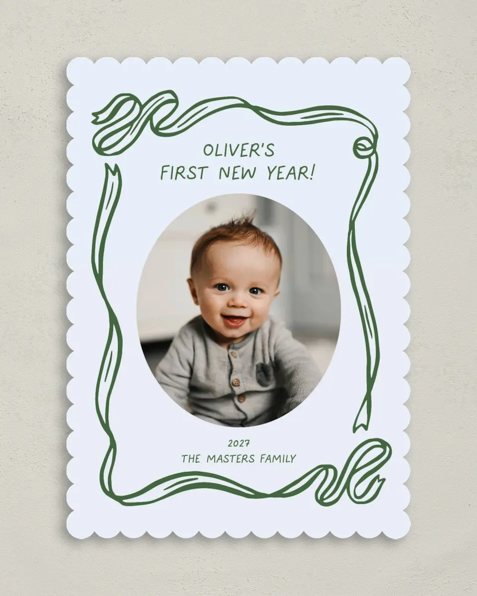 This is a 5" x 7" Christmas Card called Wrapped in Firsts printed in full color on Premium Smooth paper on Premium Smooth paper on Premium Smooth paper