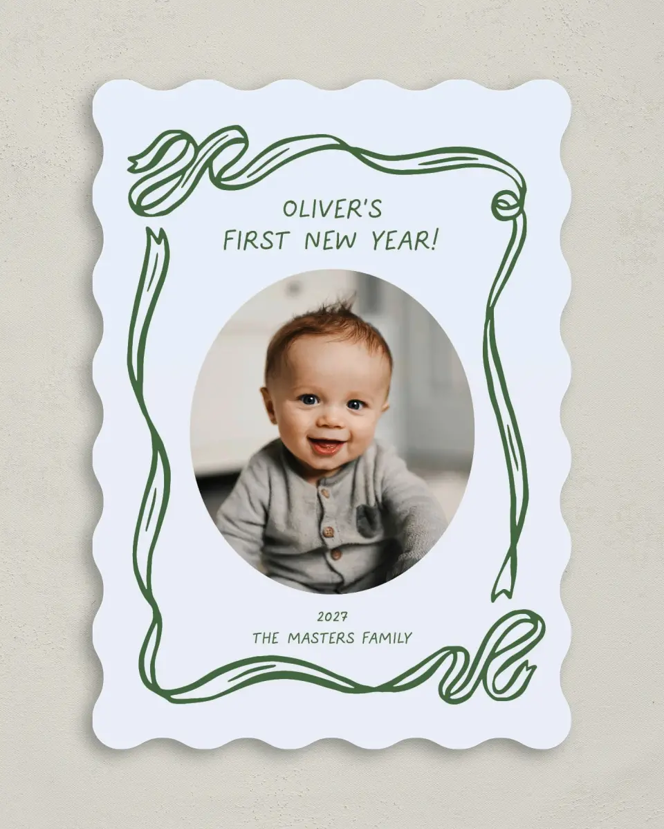 This is a 5" x 7" Christmas Card called Wrapped in Firsts printed in full color on Premium Smooth paper