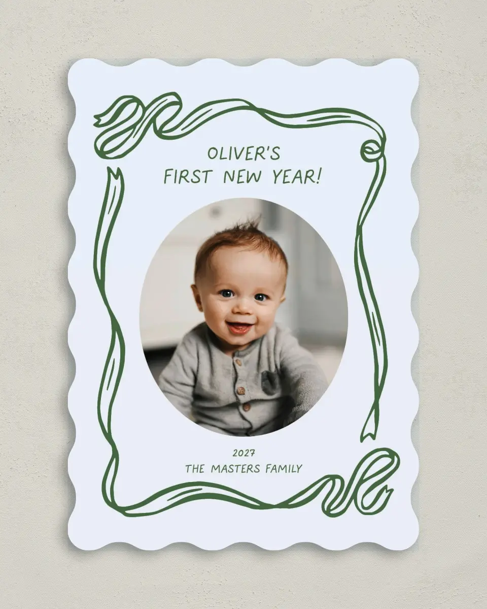 This is a 5" x 7" Christmas Card called Wrapped in Firsts printed in full color on Premium Smooth paper