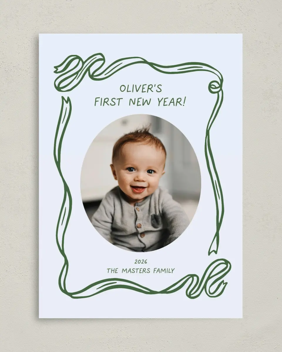 This is a 5" x 7" Christmas Card called Wrapped in Firsts printed in full color on Premium Smooth paper