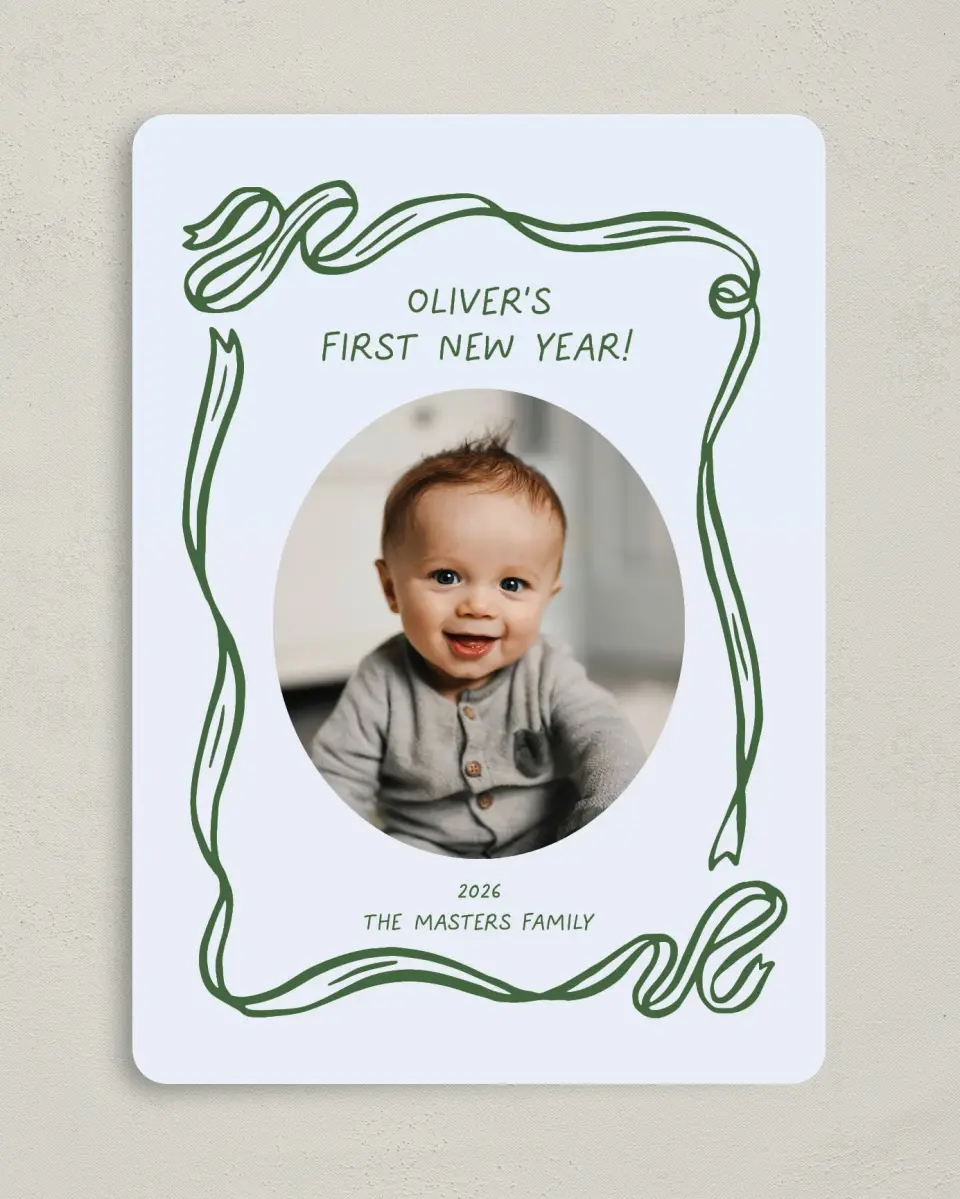 This is a 5" x 7" Christmas Card called Wrapped in Firsts printed in full color on Premium Smooth paper