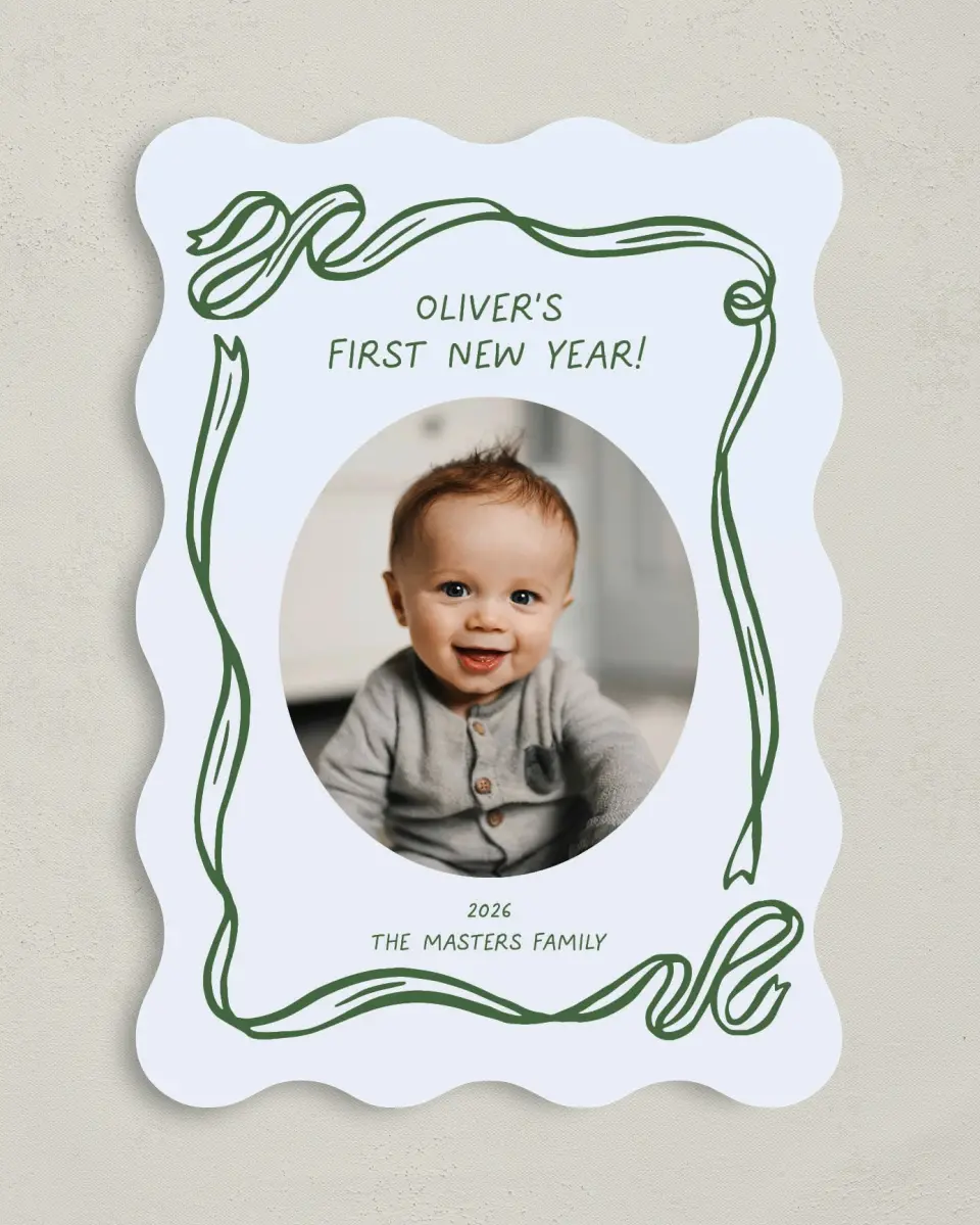 This is a 5" x 7" Christmas Card called Wrapped in Firsts printed in full color on Premium Smooth paper