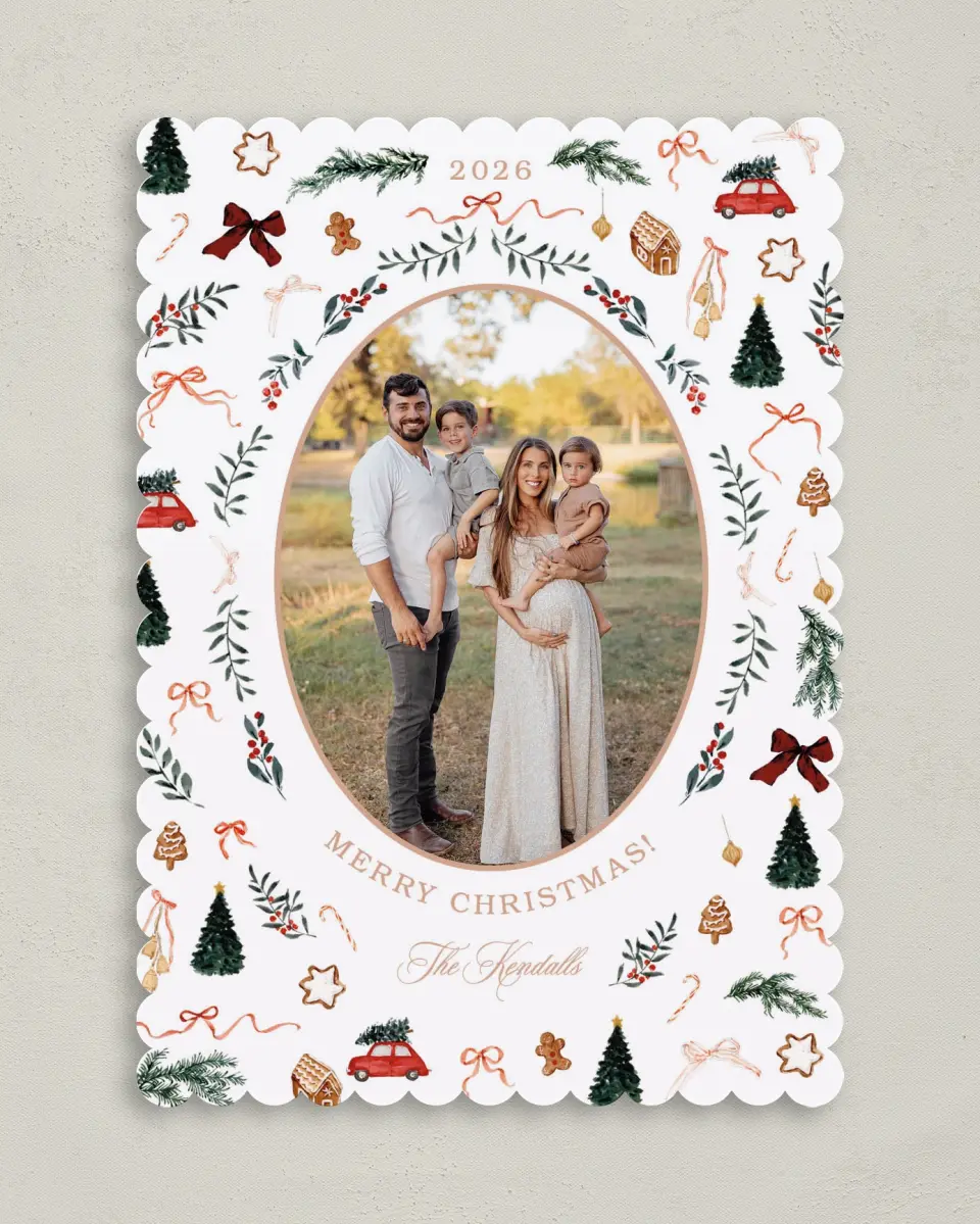 This is a 5" x 7" Christmas Card called Joyful Tidings printed in full color with Gold foil on Premium Smooth paper on Premium Smooth paper on Premium Smooth paper