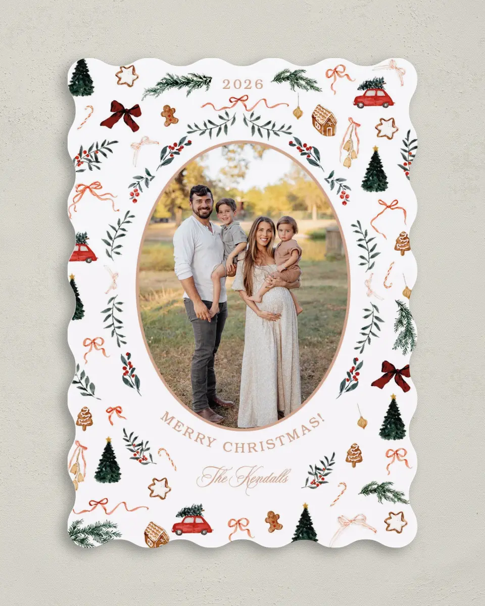 This is a 5" x 7" Christmas Card called Joyful Tidings printed in full color with Gold foil on Premium Smooth paper
