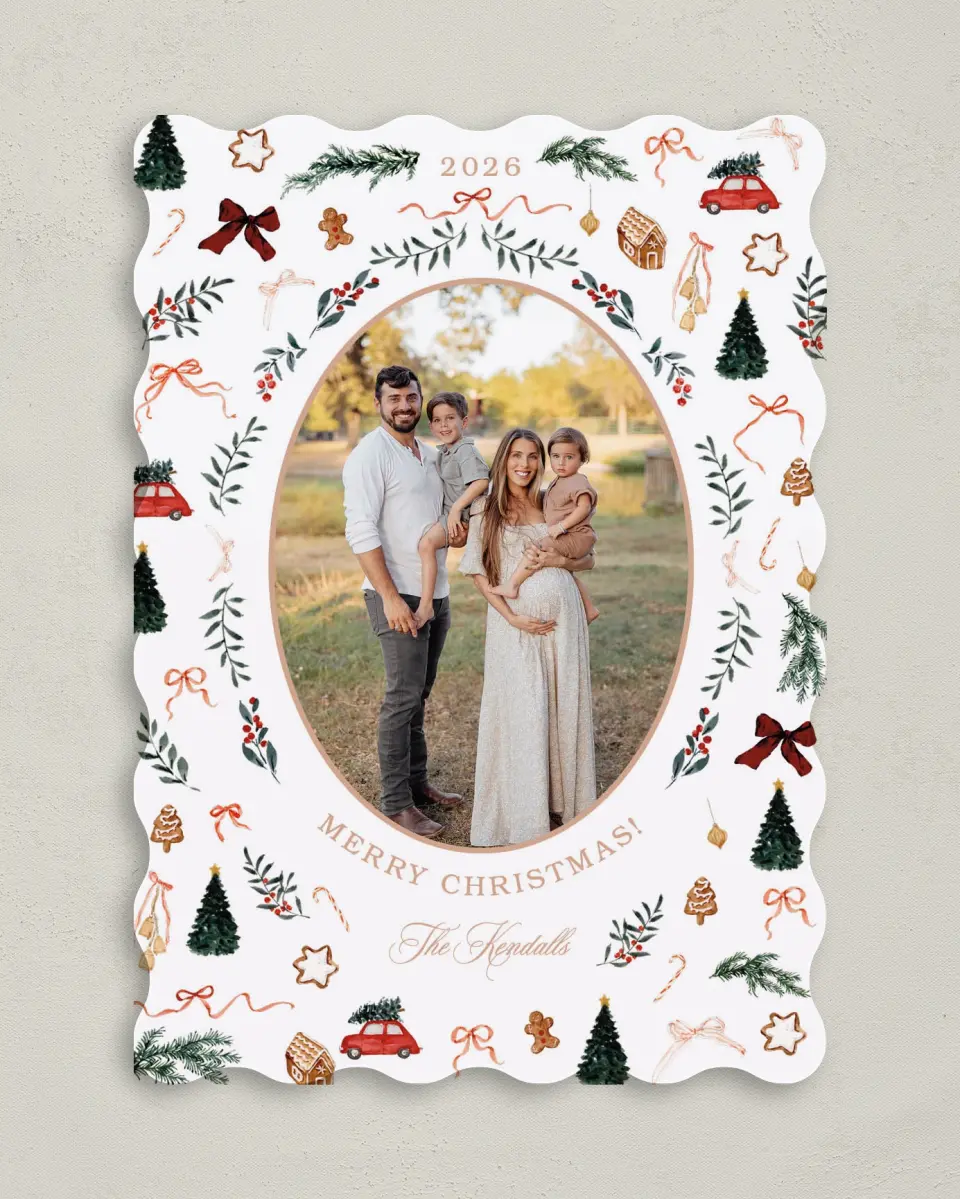 This is a 5" x 7" Christmas Card called Joyful Tidings printed in full color with Gold foil on Premium Smooth paper