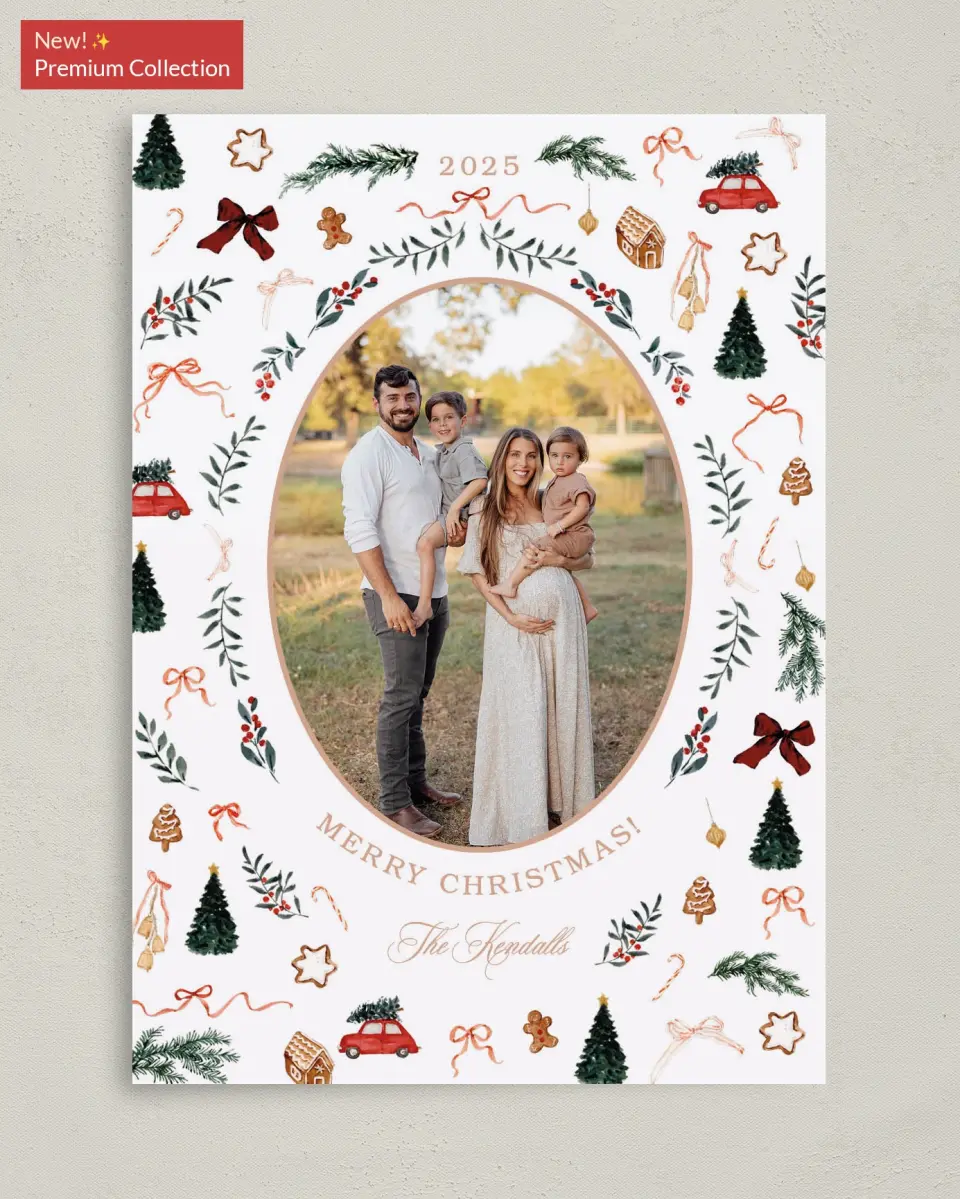 This is a 5" x 7" Christmas Card called Joyful Tidings printed in full color with Gold foil on Premium Smooth paper