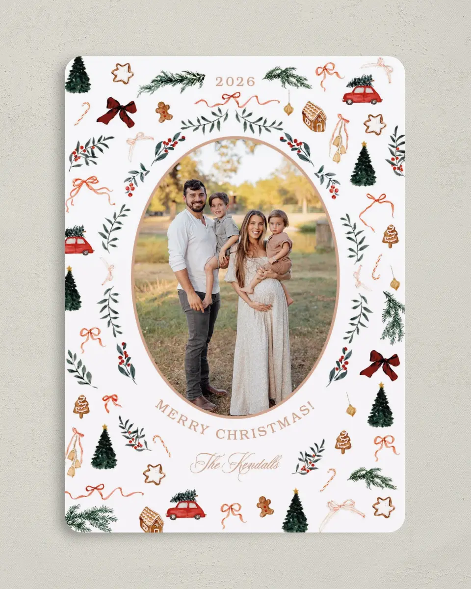 This is a 5" x 7" Christmas Card called Joyful Tidings printed in full color with Gold foil on Soft Suede (coated) paper