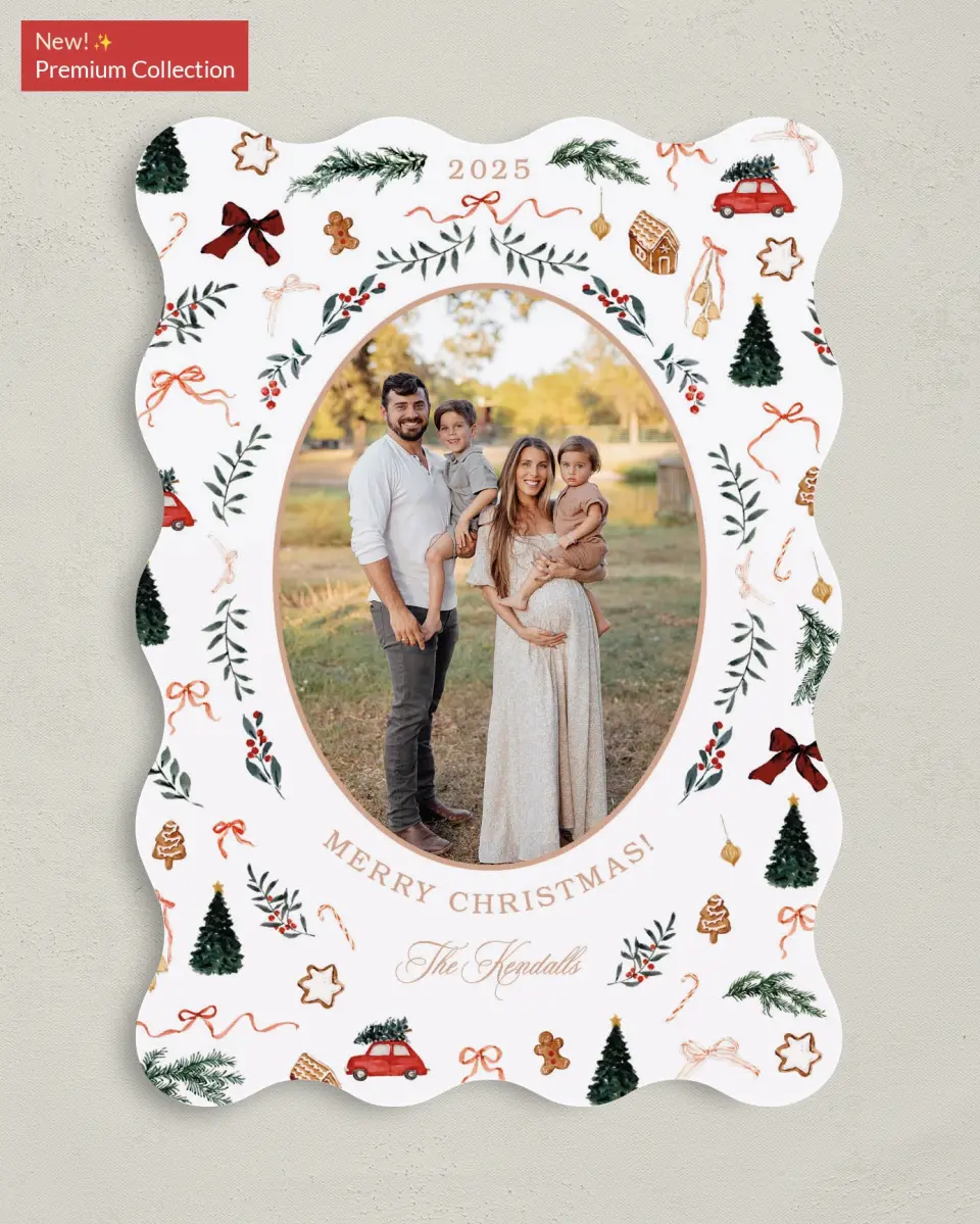 This is a 5" x 7" Christmas Card called Joyful Tidings printed in full color with Gold foil on Premium Smooth paper