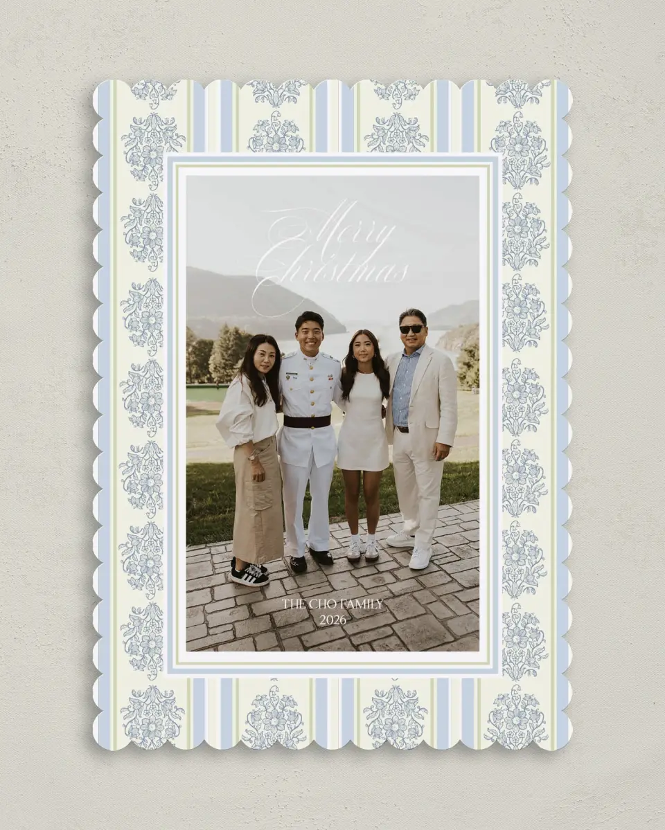 This is a 5" x 7" Christmas Card called Holiday Damask printed in full color on Premium Smooth paper on Premium Smooth paper on Premium Smooth paper
