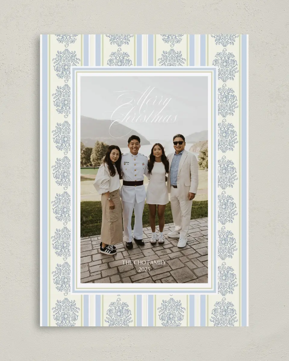 This is a 5" x 7" Christmas Card called Holiday Damask printed in full color on Premium Smooth paper
